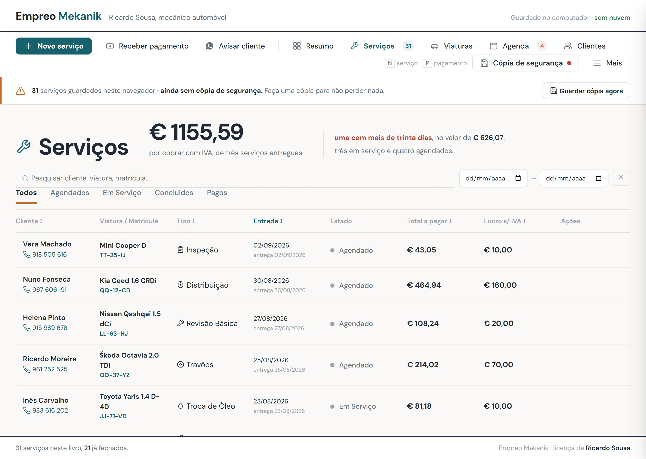 The service list in Empreo Mekanik, with customer, vehicle and registration plate, stage, amount due and profit before VAT