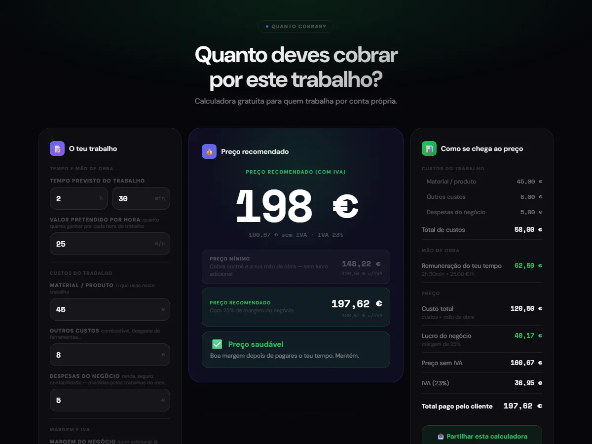 Calculadora Quanto Cobrar? com o preço recomendado